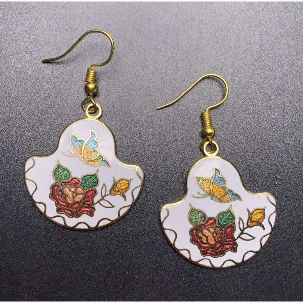 Enamel Cloisonne Earrings Drop Dangle Hook Butterfly Rose Flower White Vintage
